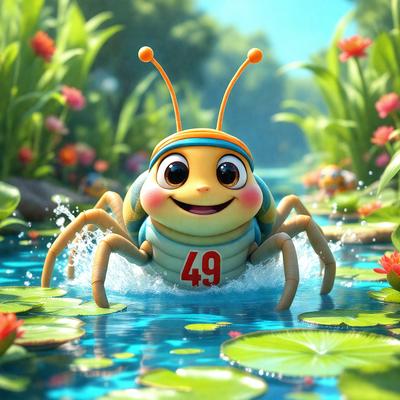 The primary subject of the image is a cartoon-like insect, possibly a grasshopper or a beetle, with a number 49 on its back. The insect is swimming in a body of water, which could be a pond or a lake. The setting is a lush green environment with water lilies and grass surrounding the insect. The visual style of the image is a combination of digital art and illustration, creating a whimsical and playful atmosphere. The colors are predominantly green and blue